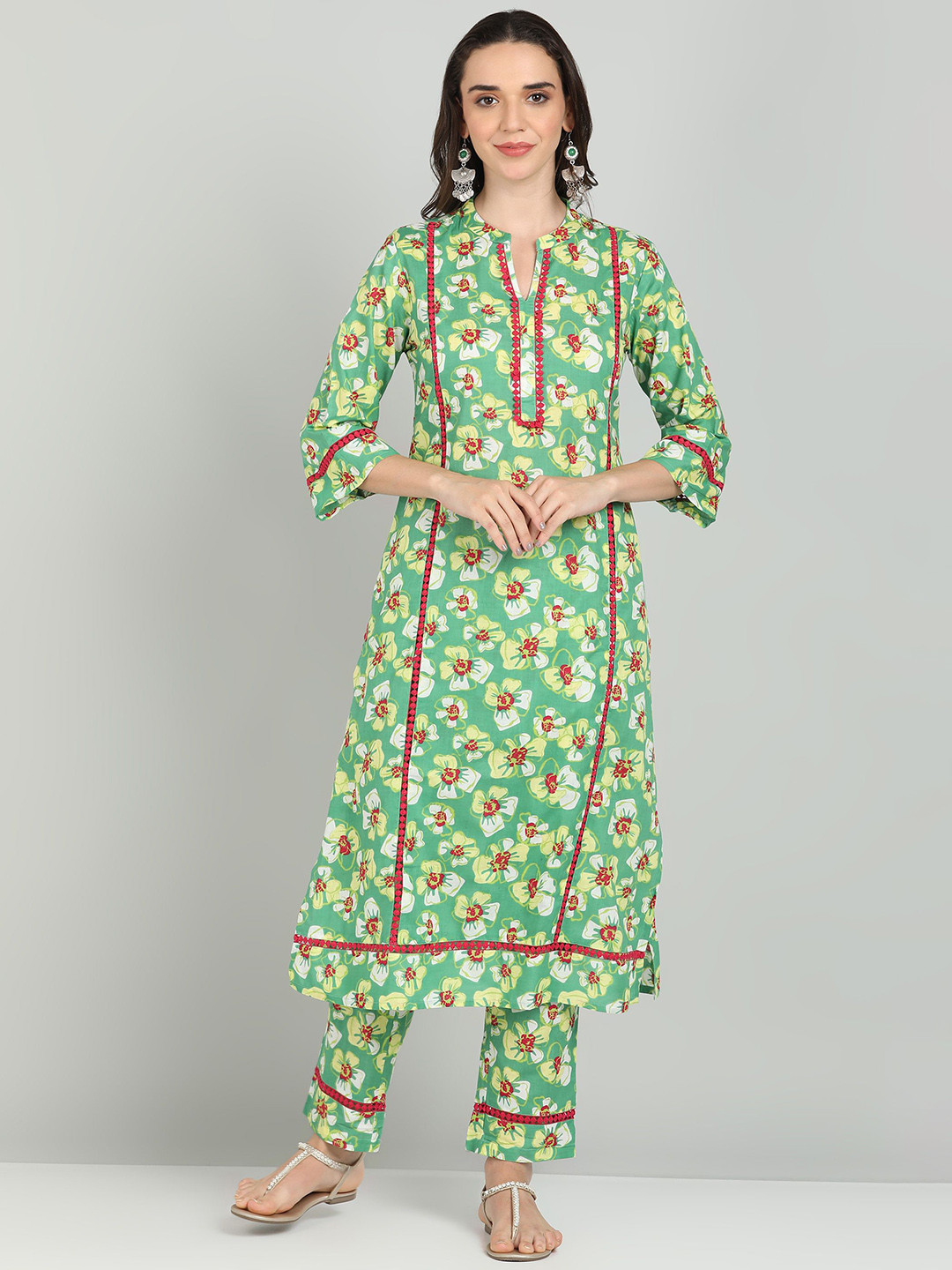 Shiv ali apparels Floral Printed High Slit Pure Cotton Straight Kurta with Trousers