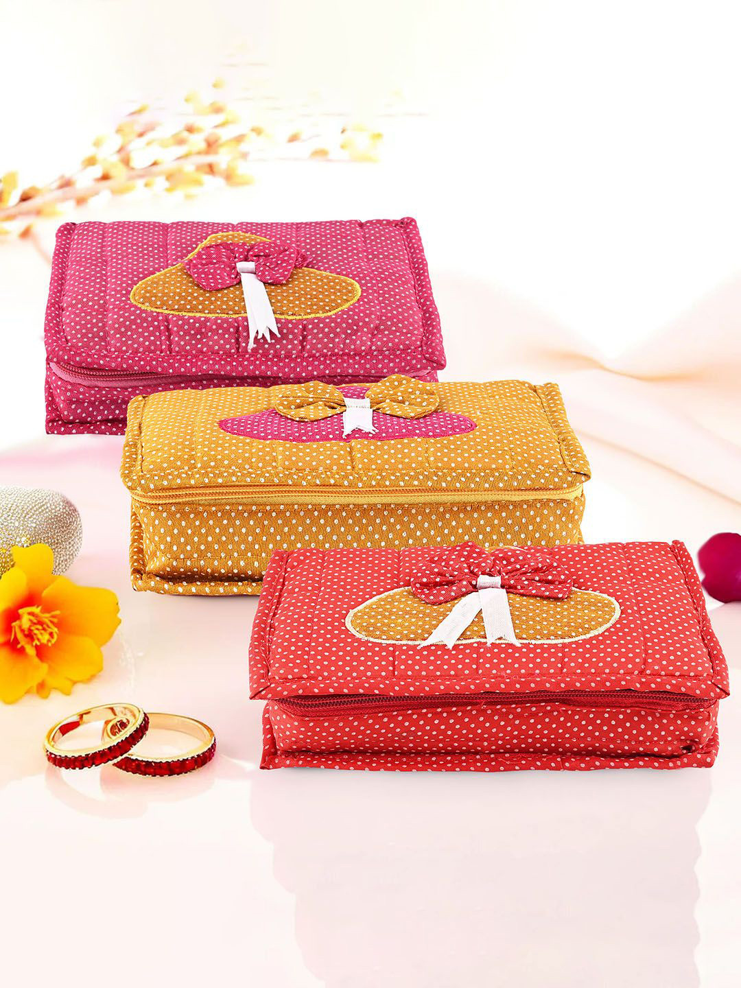 Kuber Industries Pink & Gold Toned 3 Pieces Dots Printed Jewellery Organisers