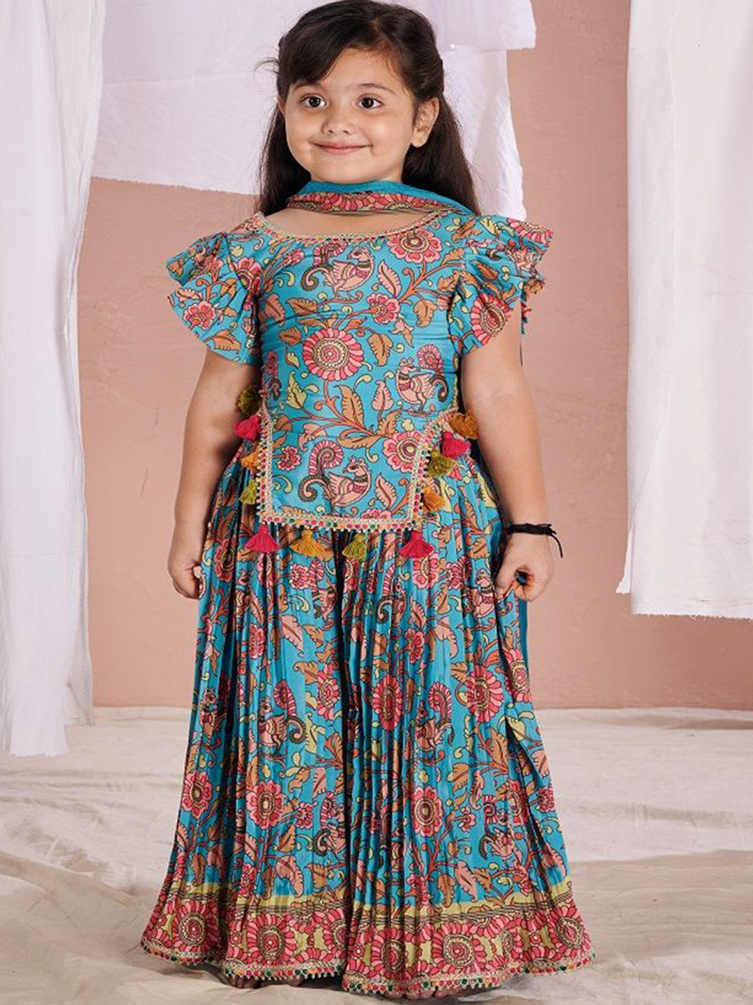 Vivedkids Girls Kalamkari Printed Regular Top With Palazzo & Dupatta