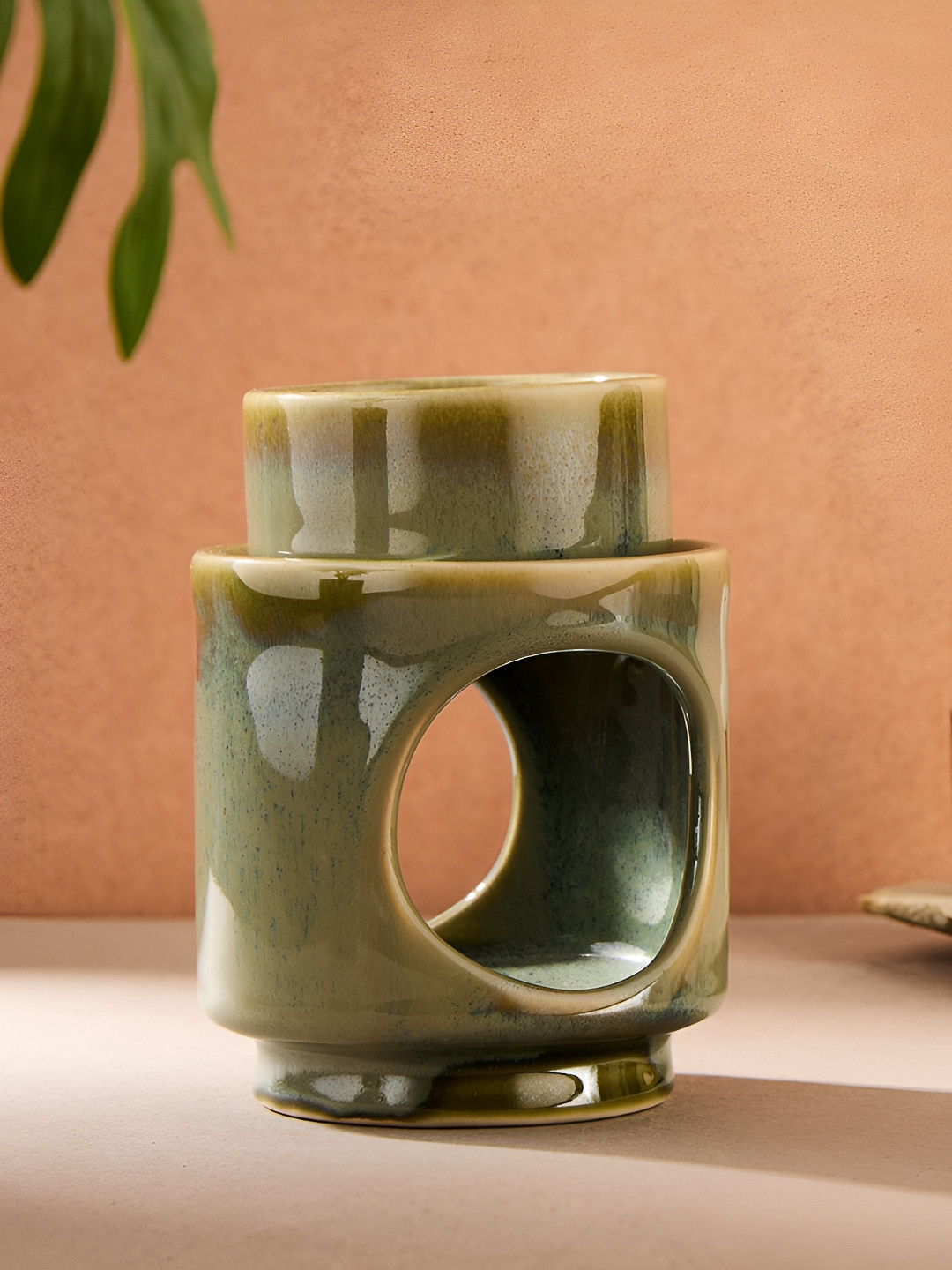 Fabindia Green & Cream Colored 1 Pc Ceramic Aroma Sughandh Burner