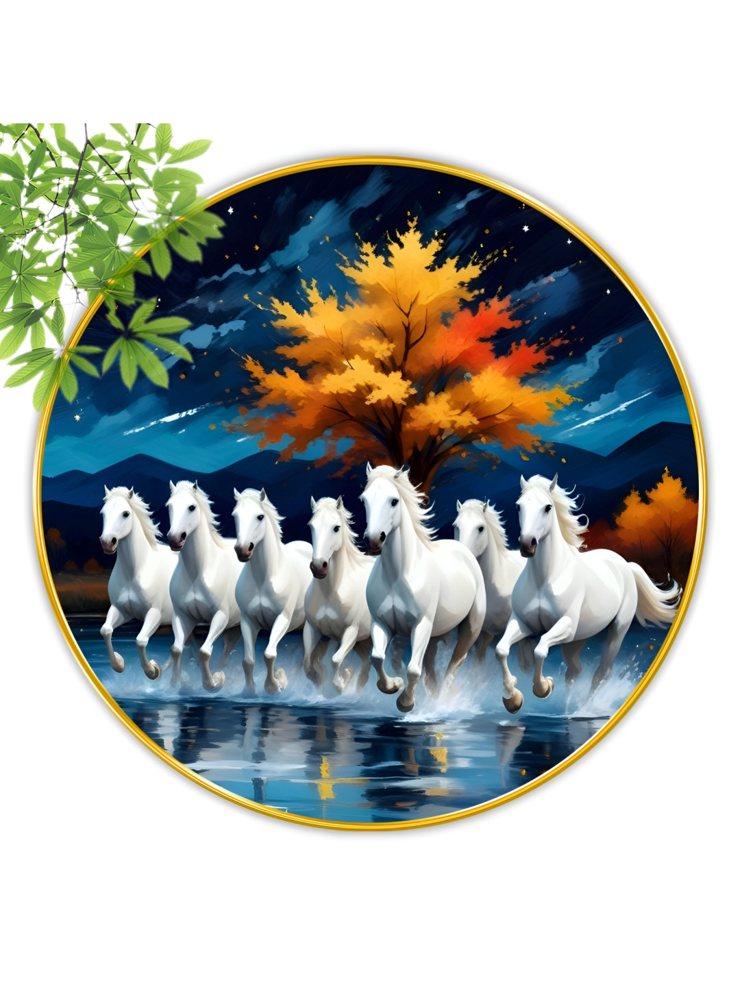 Aura Blue & White Seven Horse Round Shaped Wooden Wall Art