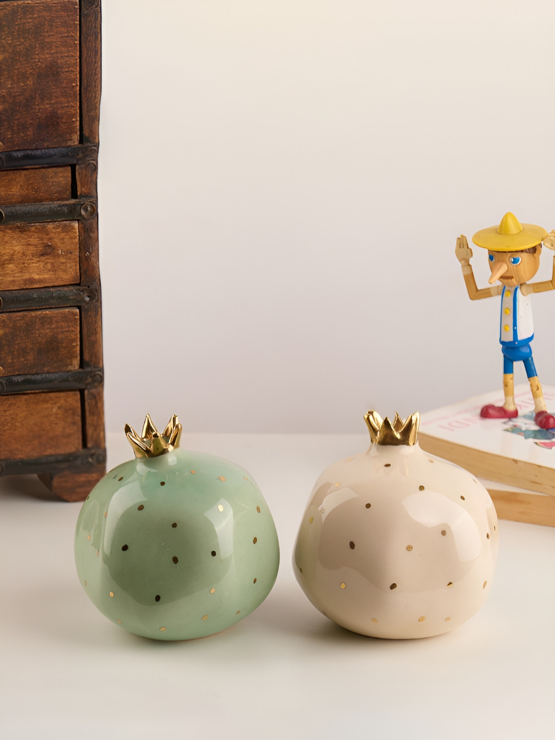 Glimpse Homes Crown Pomegranate Green Ceramic Glossy Living Room Set of 2 Small Showpieces - 3.9 Inches