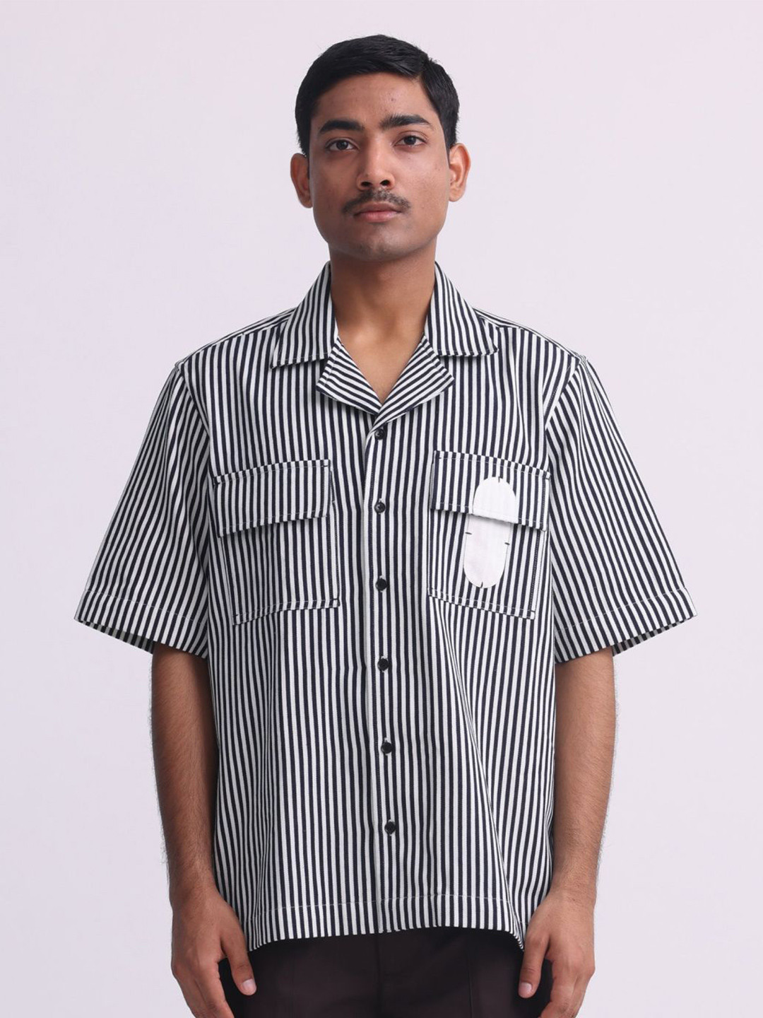 MARGN Men Relaxed Cuban Collar Vertical Striped Cotton Casual Shirt