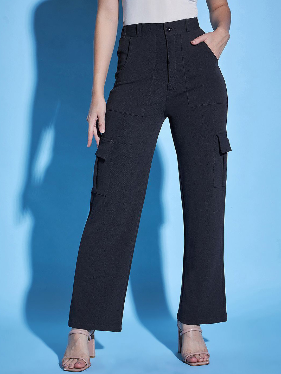 Purple Feather Women Smart Flared Straight Fit High-Rise Trousers