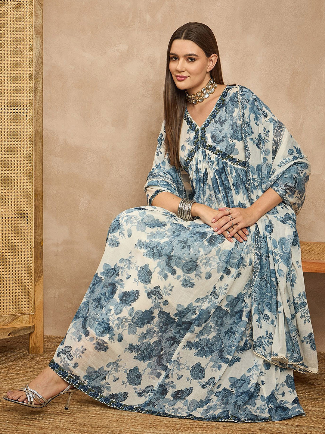 all about you White & Blue Floral Printed V-Neck Anarkali Kurta with Trouser & Dupatta