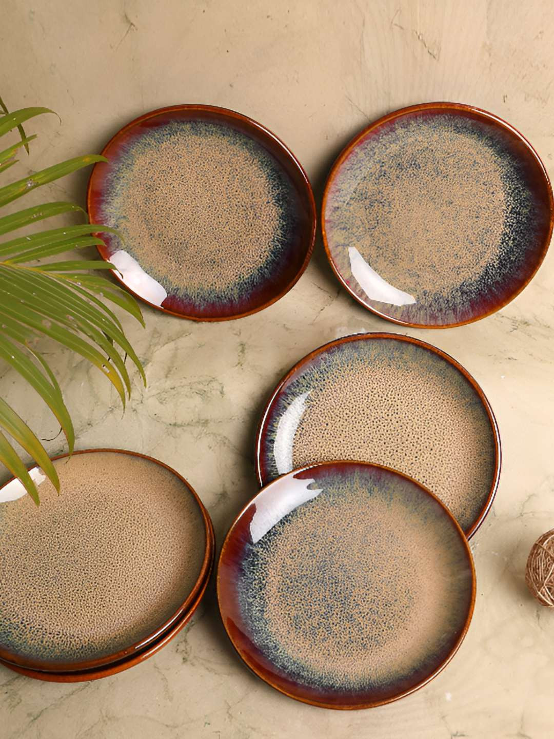 AMALAFIEE CERAMICS Cream & Brown 6 Pieces Printed Matte Ceramic Microwave Safe Plates