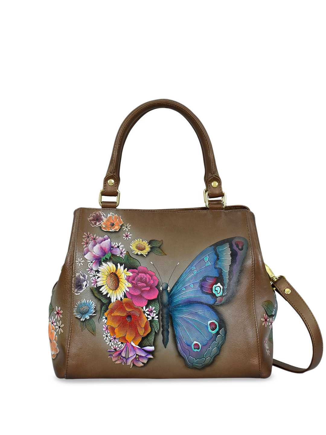 Anuschka Hand Painted Butterfly Blooms Bronze Leather Multi Compartment Satchel