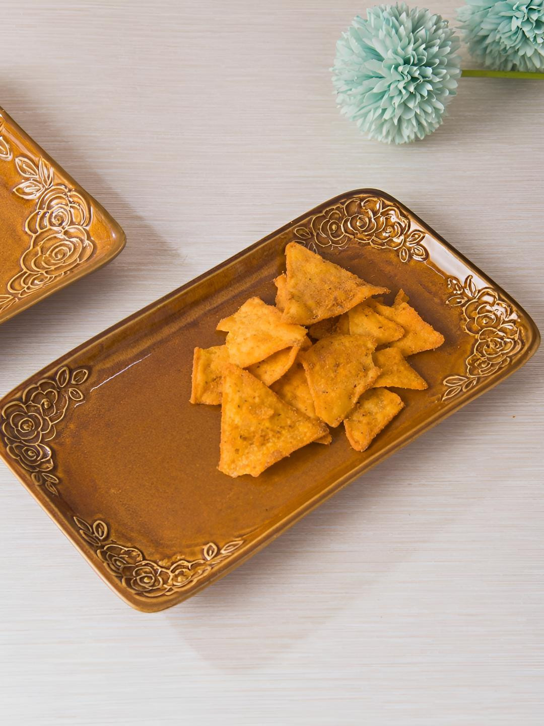 Fabindia Yellow Ceramic Dishwasher & Microwave Safe Casted Chintz Food Platter