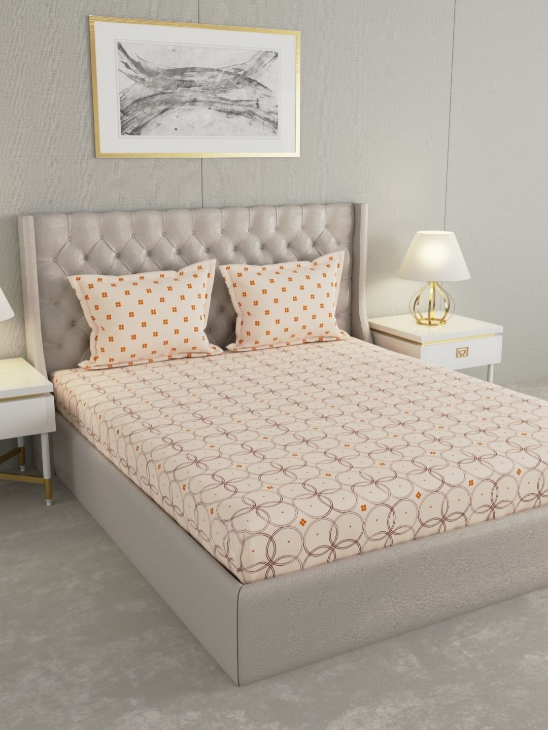 Raymond Home Camphor Peach Geometric Cotton 144 TC Queen Bedsheet with 2 Pillow Covers-90 x 100 inches