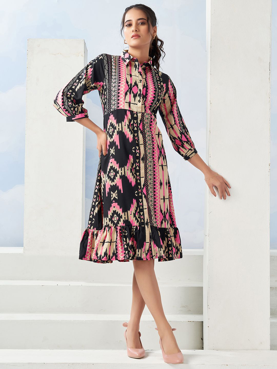Selvia Women Geometric Printed Shirt Collar Fit & Flare Dress