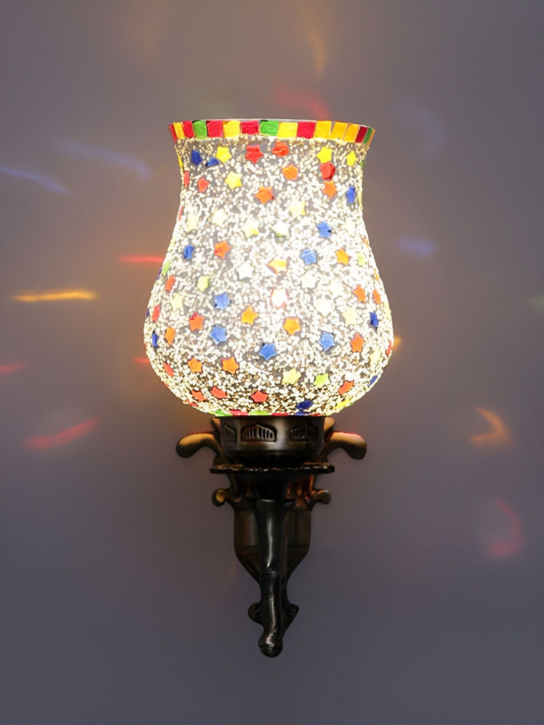 Devansh White & Gold-Toned Geometric Textured Bell Shaped Metal & Glass Wall Lamp