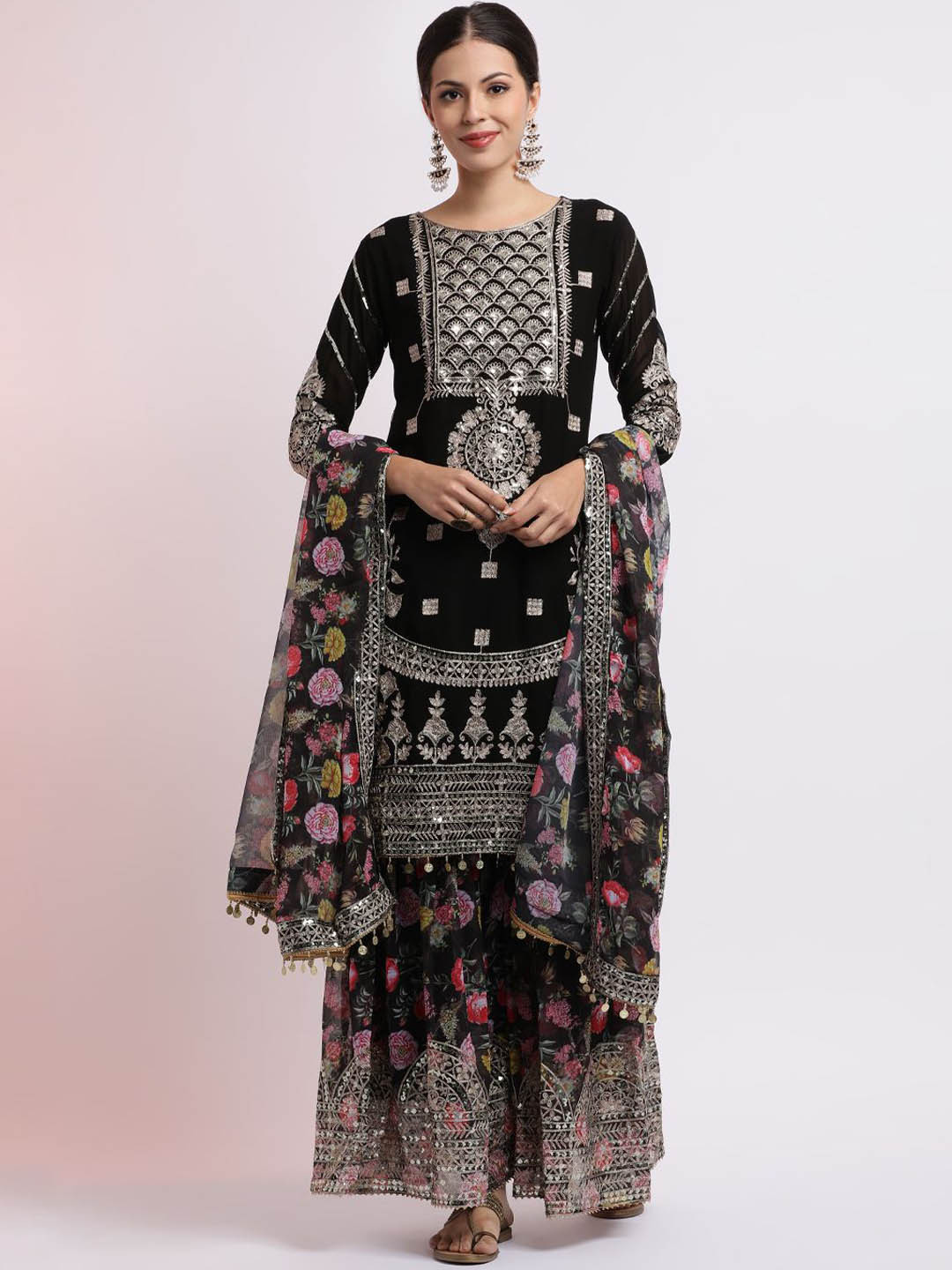 Jaipur Kurti Zari Embroidered Kurta With Floral Sharara And Dupatta