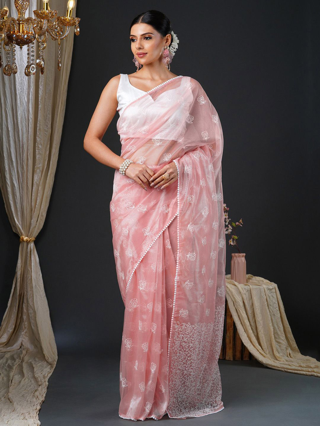 Anouk Rustic Floral Embroidered Organza Party Wear Saree with Matching Blouse