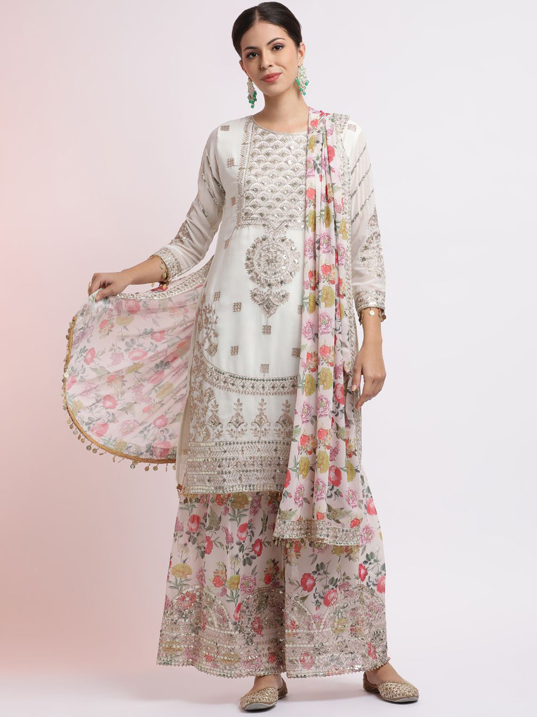 Jaipur Kurti Zari Embroidered Kurta With Floral Sharara And Dupatta