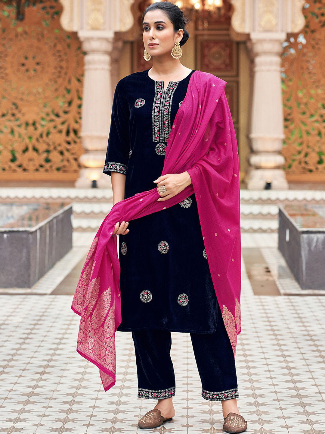 SKYLEE Blue & Pink Ethnic Embroidered Sequinned Velvet Kurta & Trousers With Dupatta