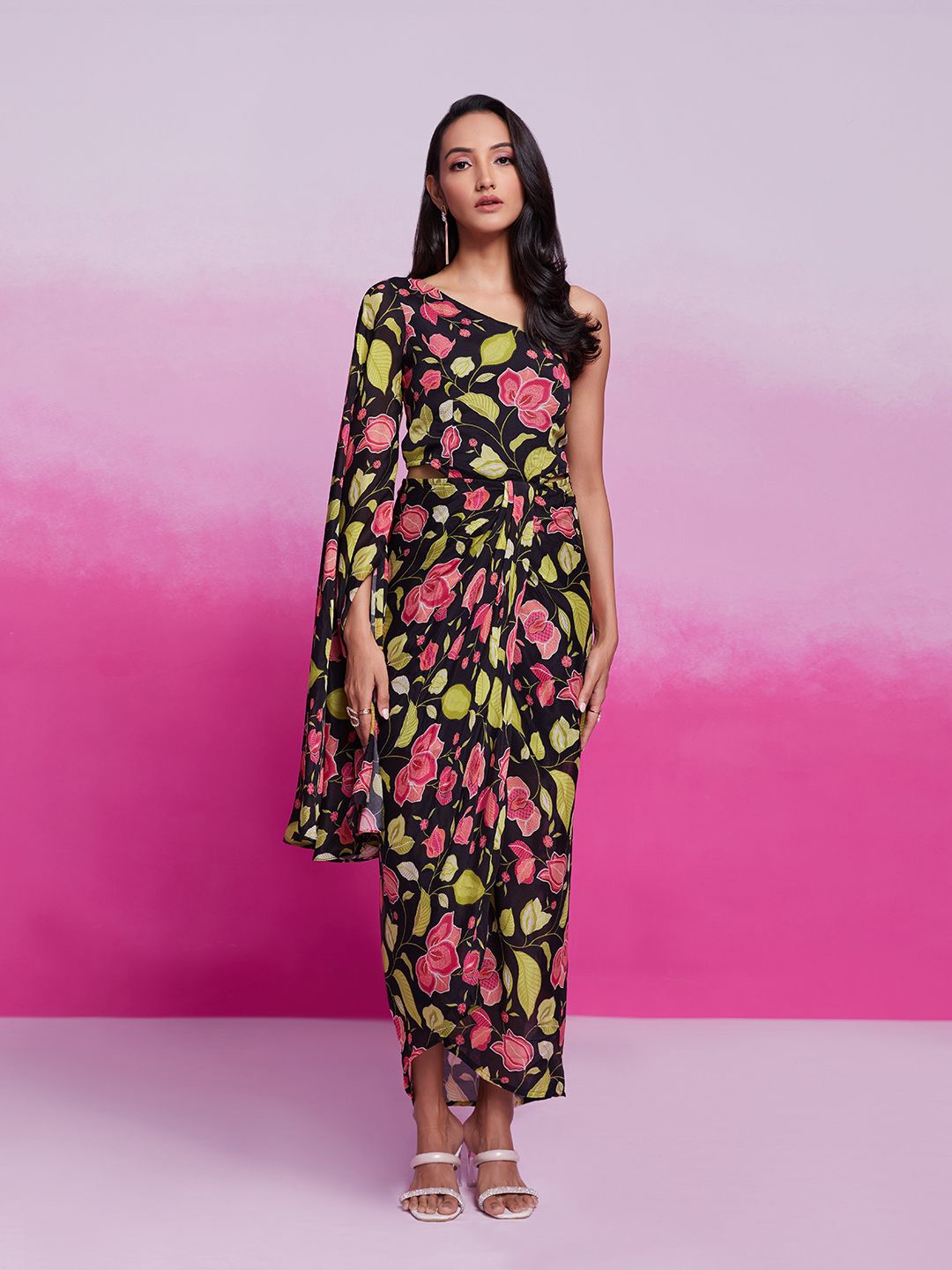 Fusionic Floral Printed One Shoulder Chiffon Maxi Dress - Dresses for Women 30849084 | Myntra
