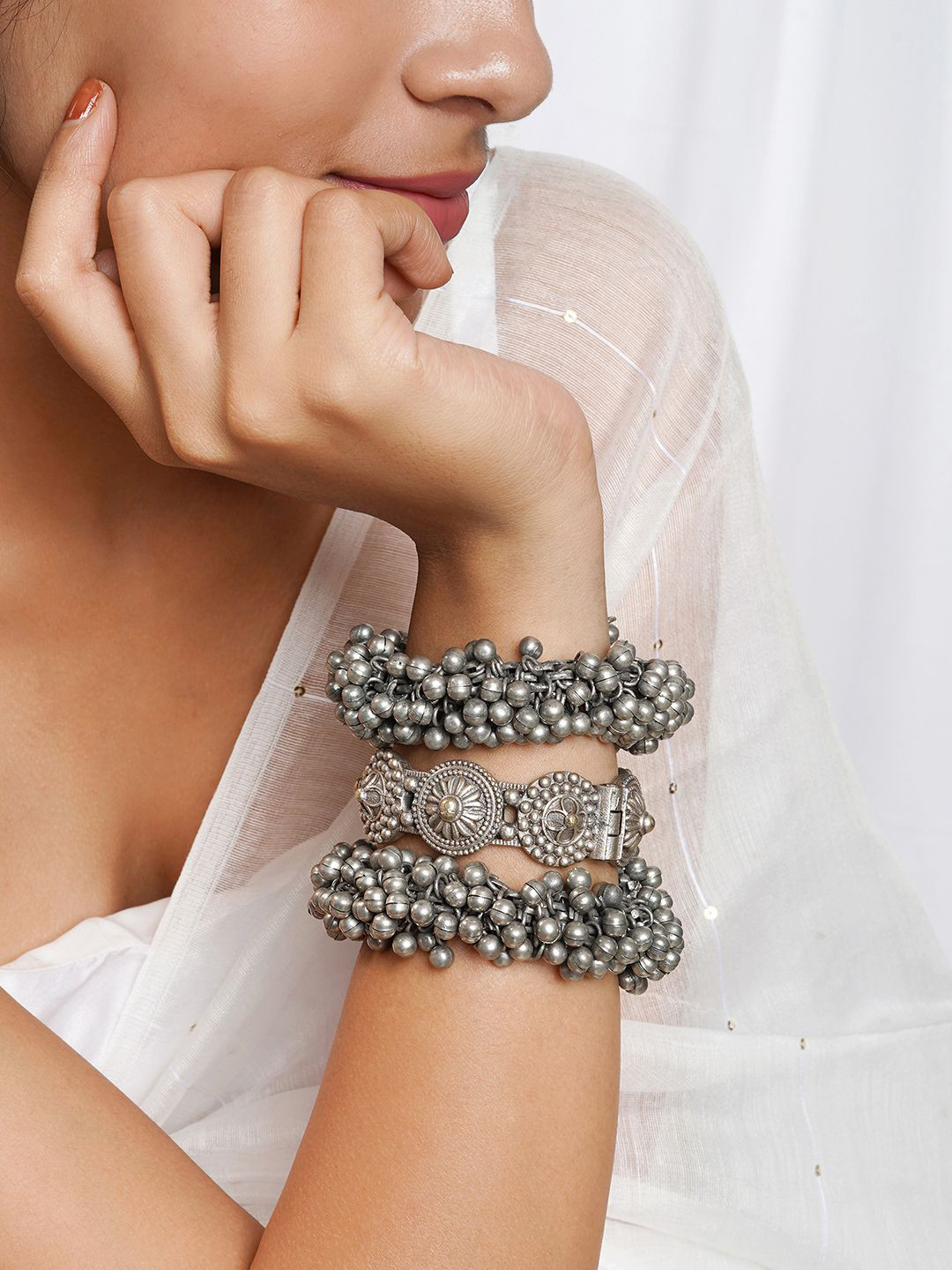 TEEJH Set Of 3 Oxidised Ashka Stacked Charm Bracelet