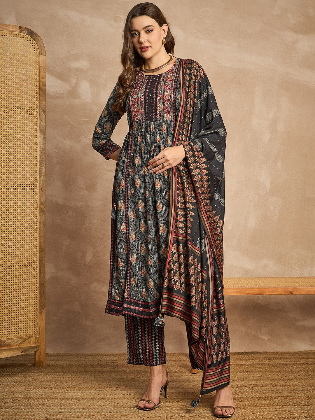 all about you Black Floral Printed Round Neck Mirror Work Kurta with Trousers & Dupatta