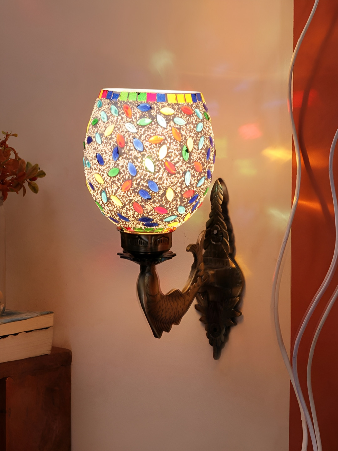 Devansh White & Blue Geometric Textured Semi-sphere Shaped Metal & Glass Wall Lamp