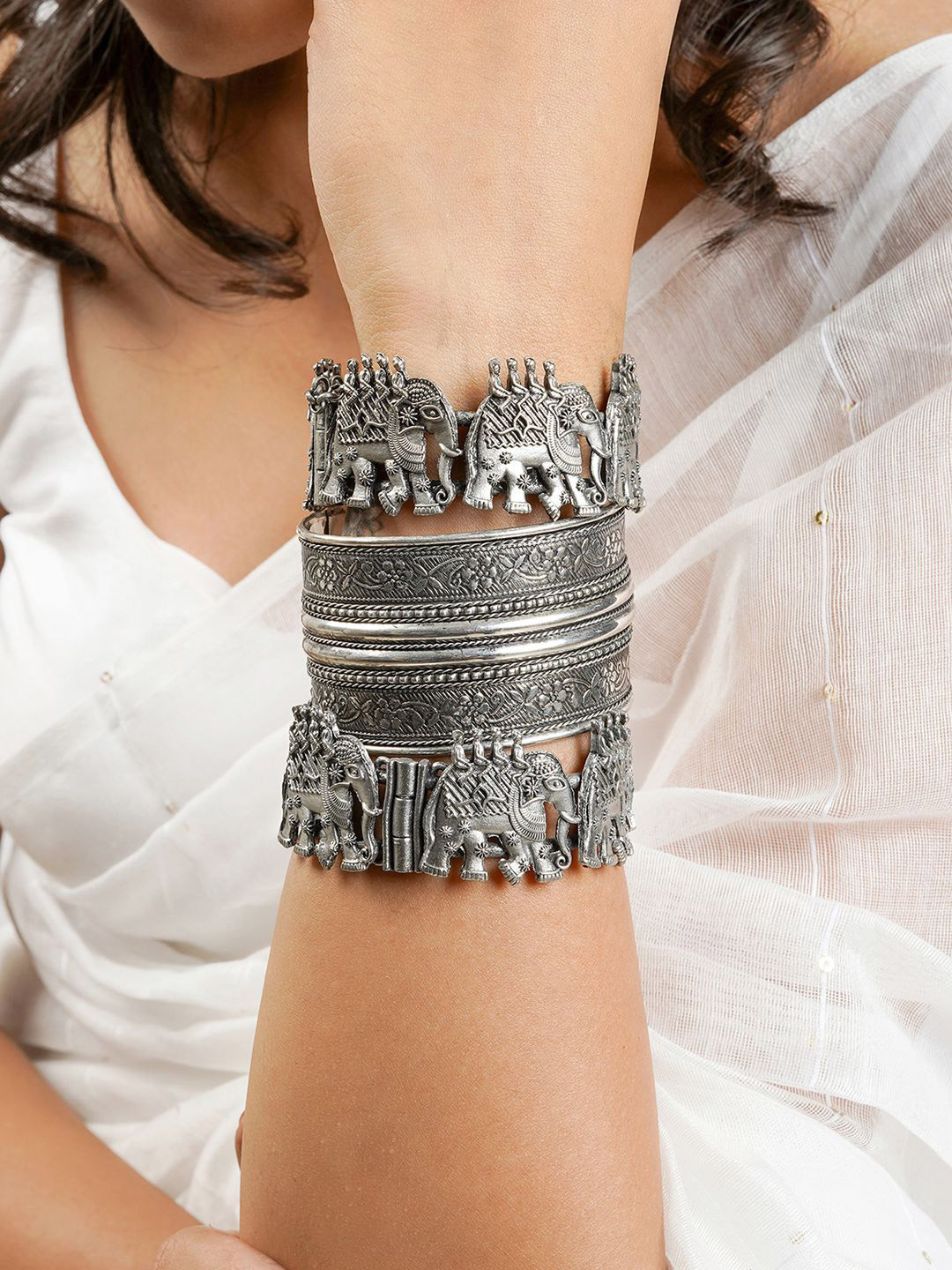 TEEJH Pratiksha Set Of 3 Oxidised Stacked Bangle Style Bracelets