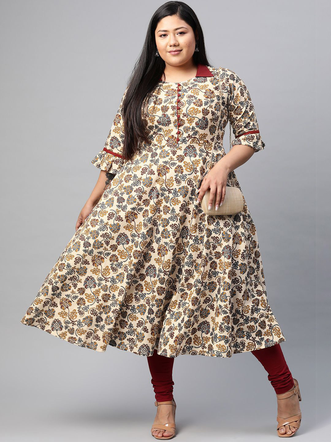 YASH GALLERY Plus Size Floral Printed Mirror Work Anarkali Ethnic Dresses