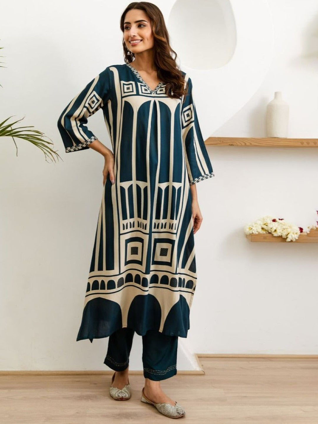 AUTUMN LANE Geometric Printed Regular Pure Cotton A-Line Kurta with Trousers