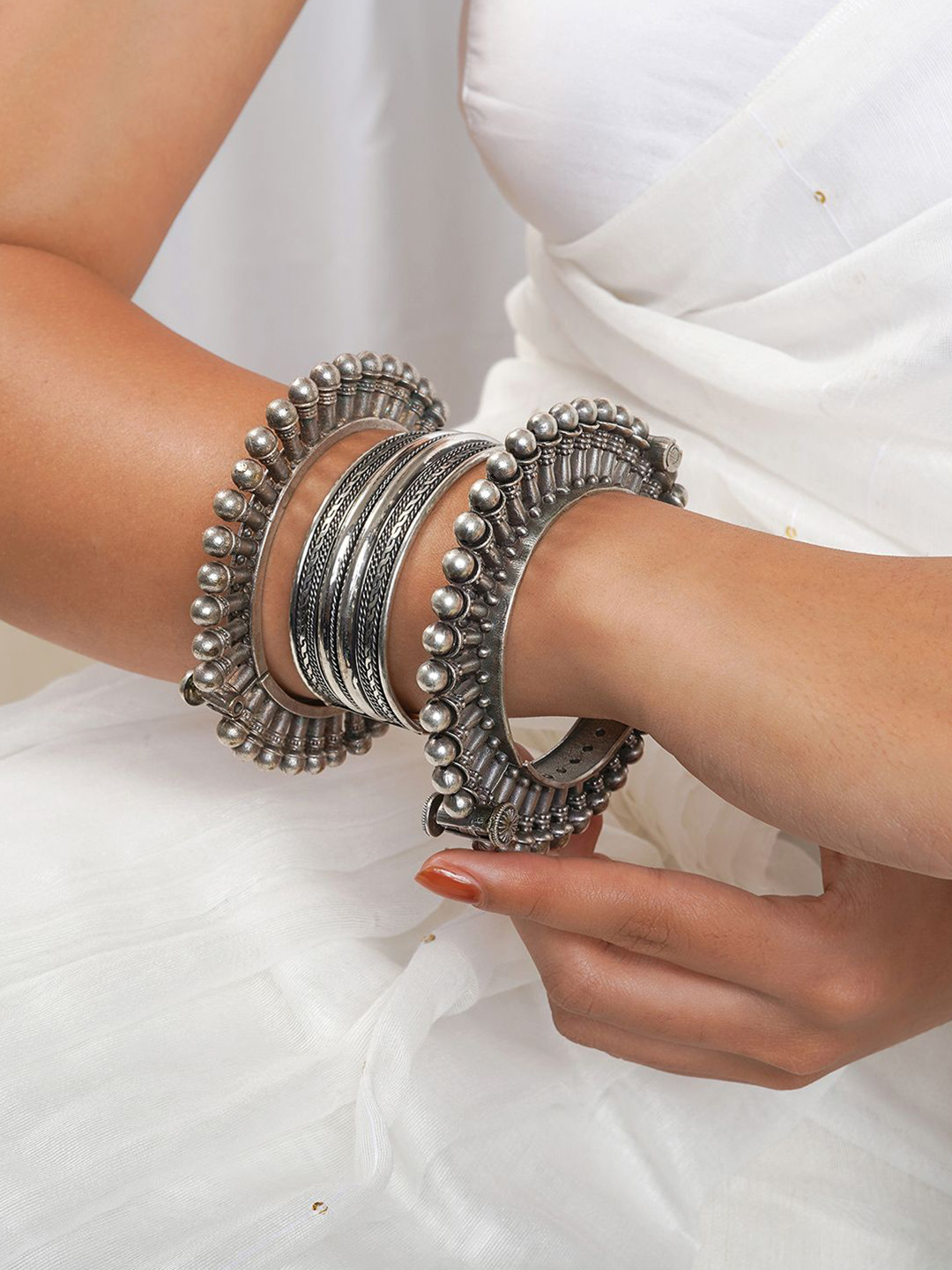 TEEJH Rupal Stacked Pack Of 3 Silver-Plated Oxidised Bracelet Set