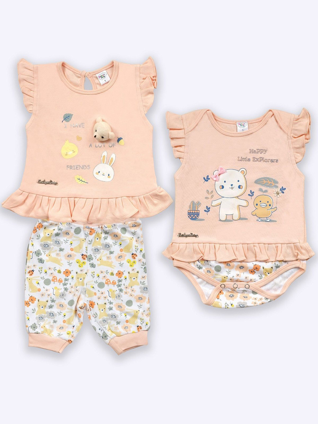 Babys Day Girls Pack Of 3 Printed Round Neck Pure Cotton Top with Pyjamas & Baby Romper