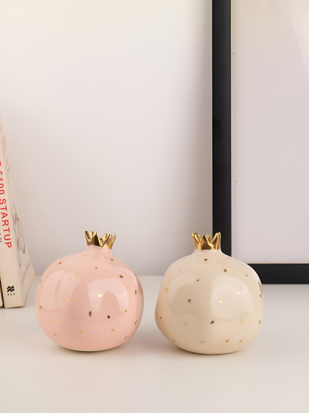 Glimpse Homes Gold Crown Pomegranate Pink Ceramic Natural Living Room Set of 2 Small Showpieces - 3.9 Inches