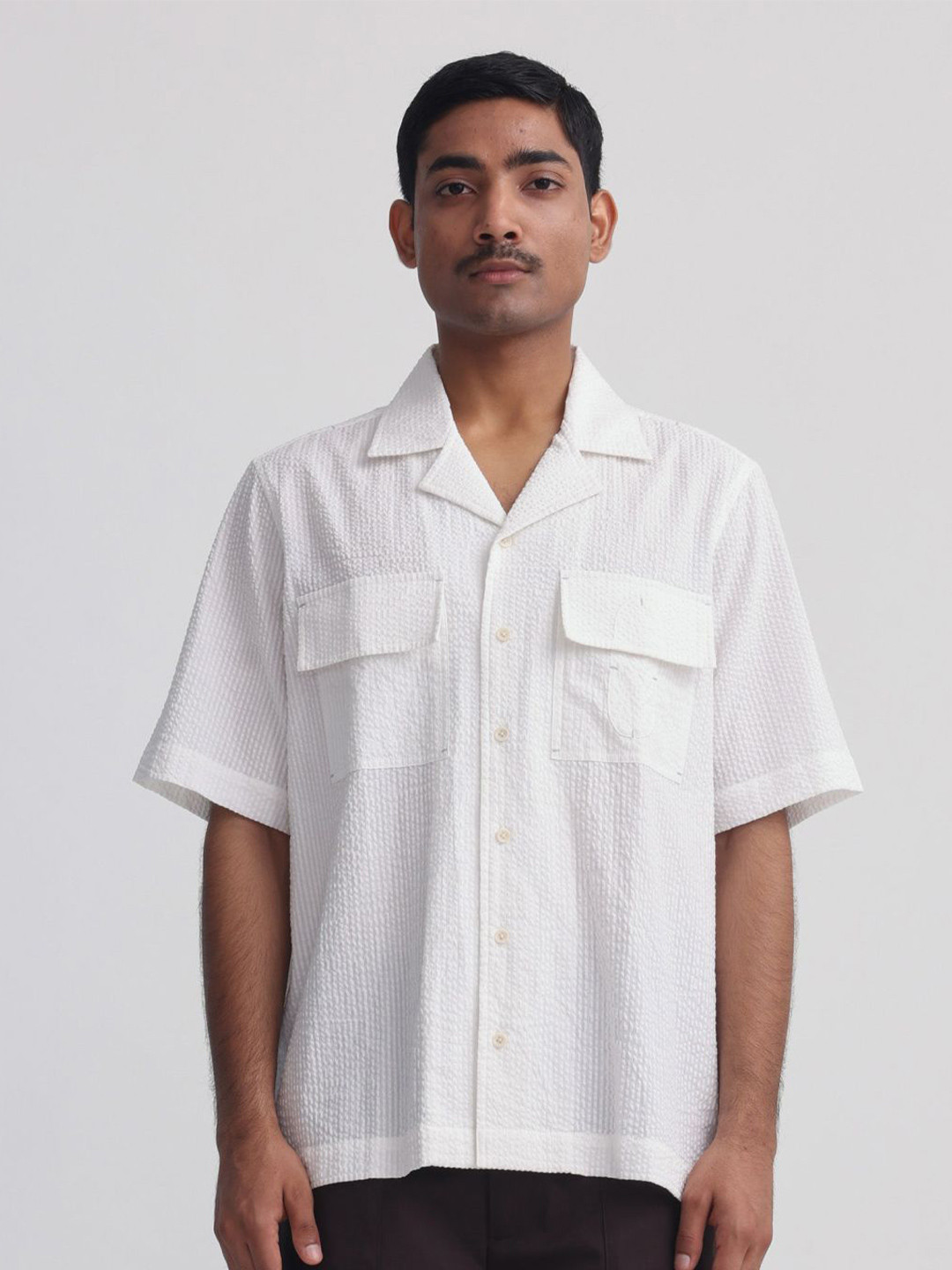 MARGN Men Relaxed Cuban Collar Textured Cotton Casual Shirt