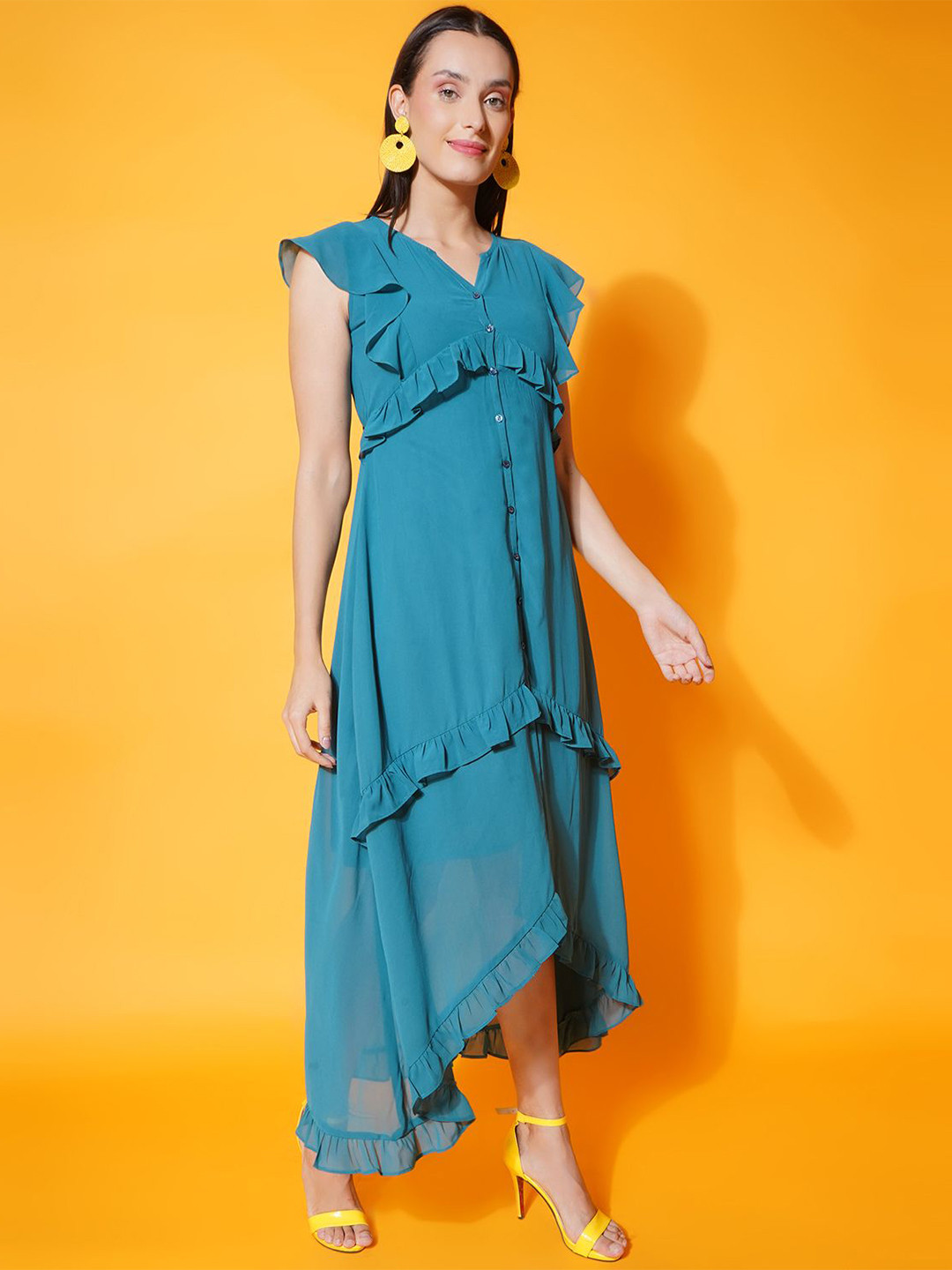 BAESD Women's Georgette Regular Fit Calf Length Frill Style Maxi Dress with Front Button