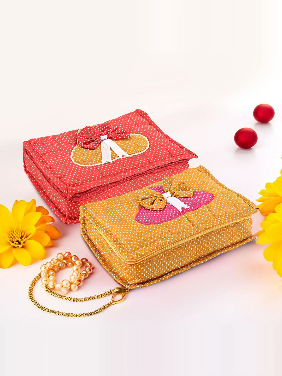Kuber Industries Gold-Toned & Red 2 Pieces Dots Printed Jewellery Organiser