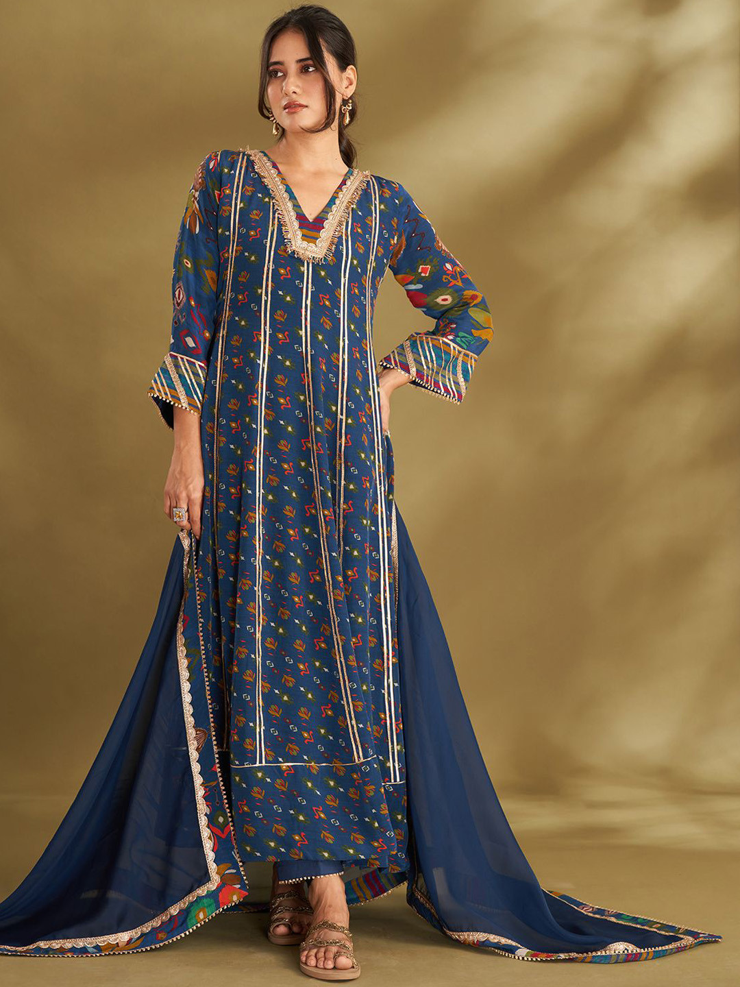 Affroz Ethnic Motifs Printed Gotta Patti Silk Crepe Anarkali Kurta with Trousers & Dupatta