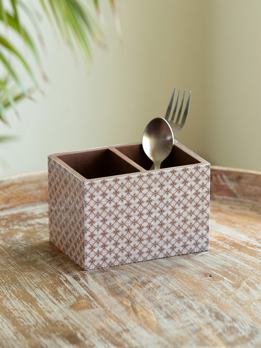 ExclusiveLane Beige & Brown Geometric Tales Printed Wooden Cutlery Holder