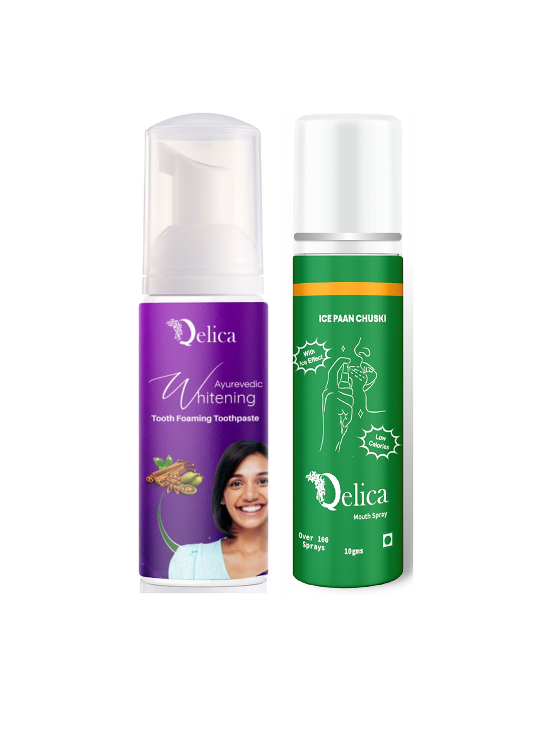 Qelica Whitening Foaming Toothpaste 60 ml With Ice Paan Mouth Freshener Spray 10 g