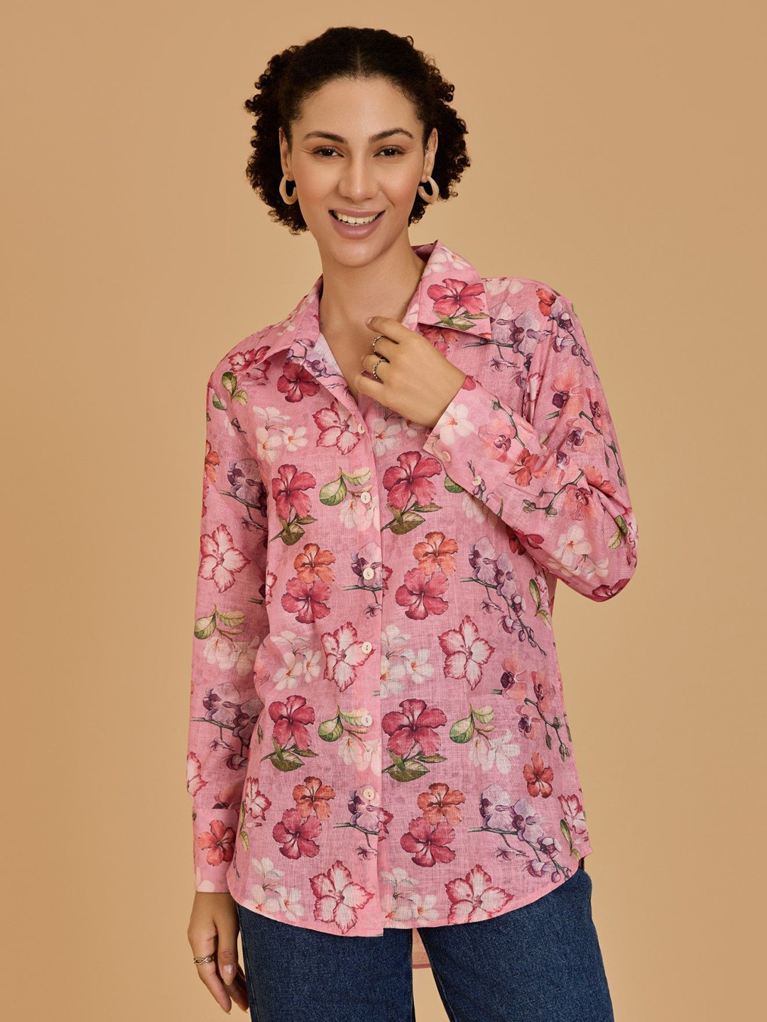 Urban Sundari Women New Spread Collar Floral Printed Cotton Casual Shirt