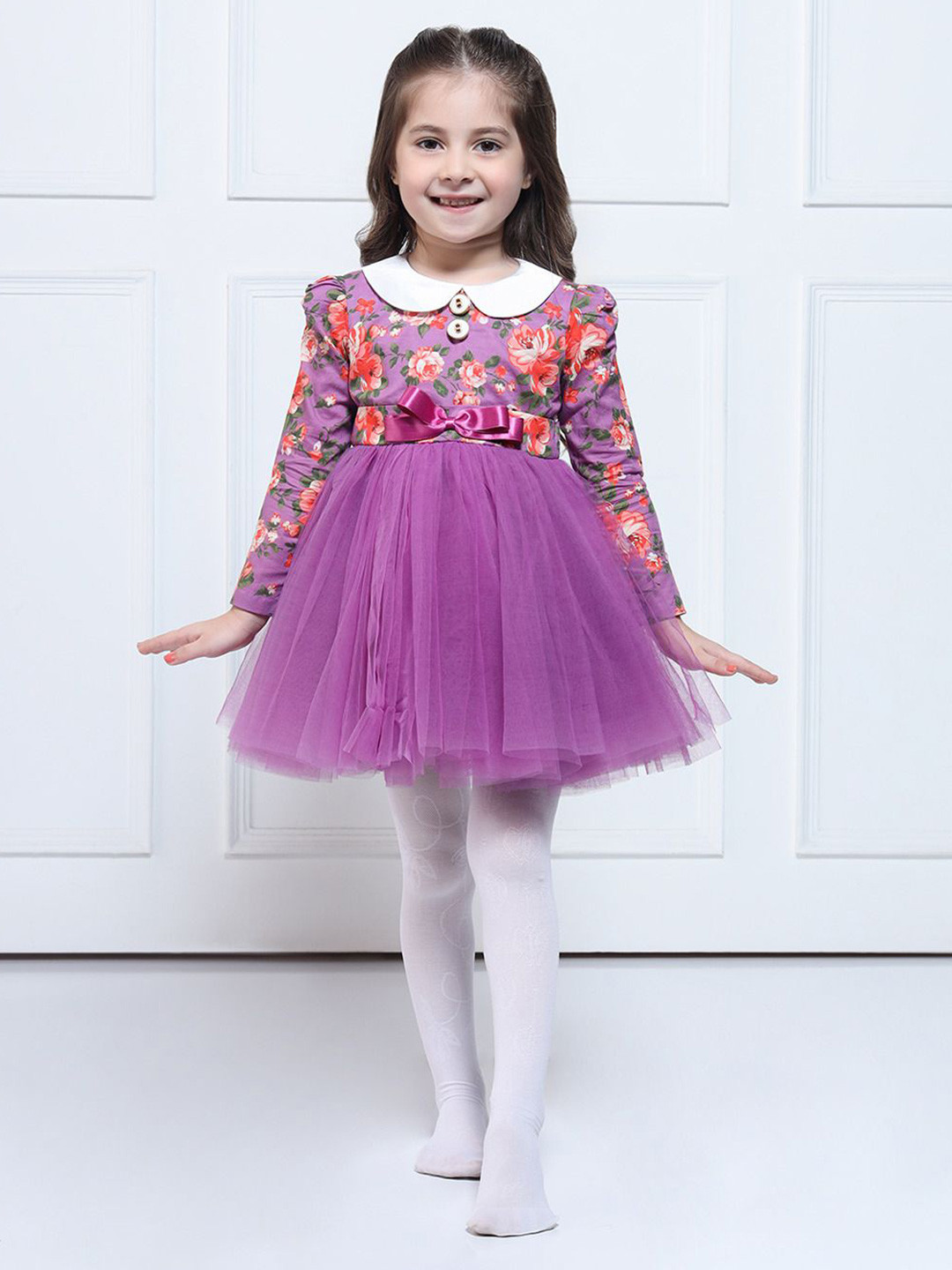 THE PONY & PEONY CO. Girls Floral Printed Puff Sleeves Fit and Flare Dress