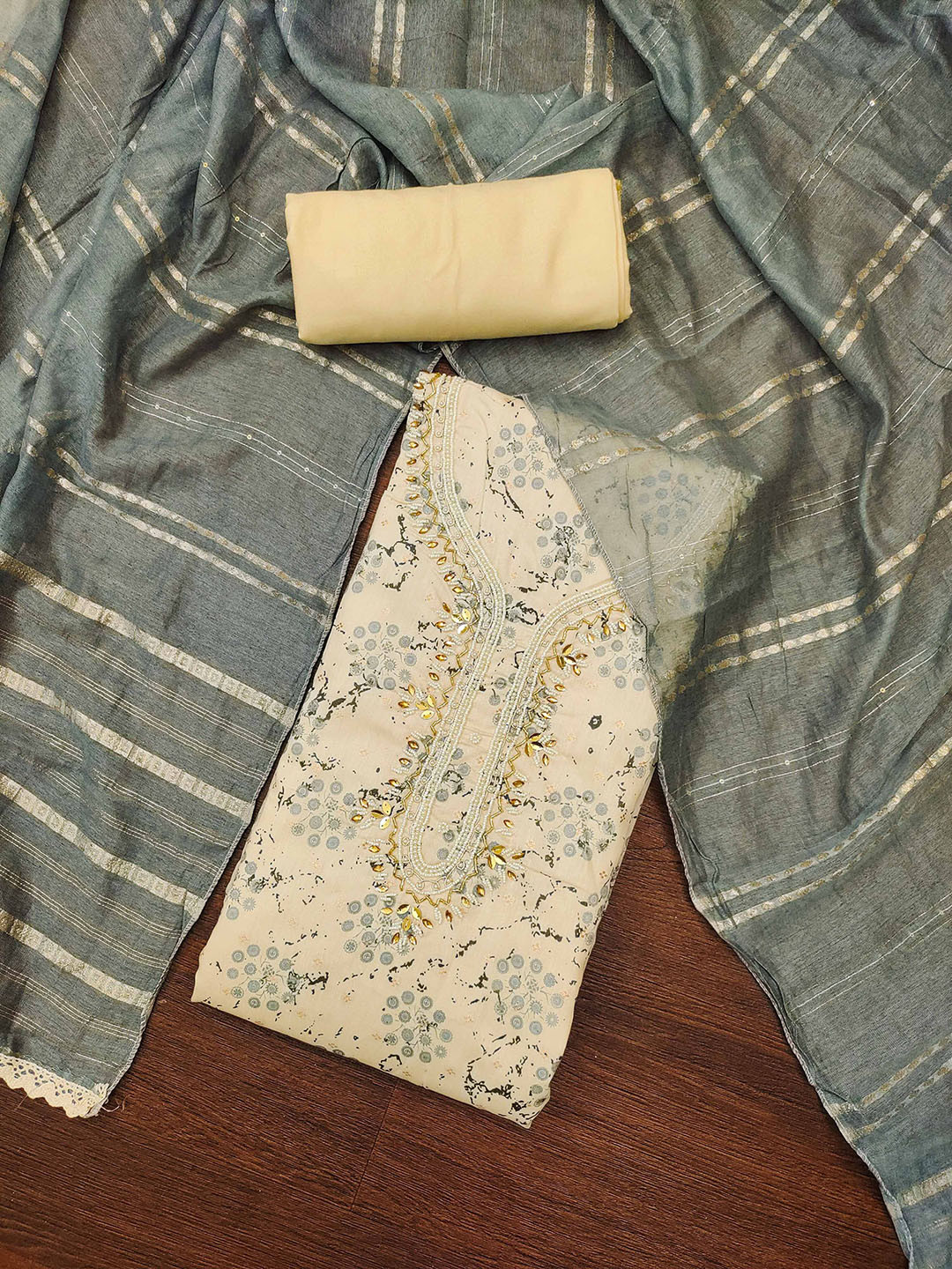 Ishin Foral Printed Beads and Stones Unstitched Dress Material