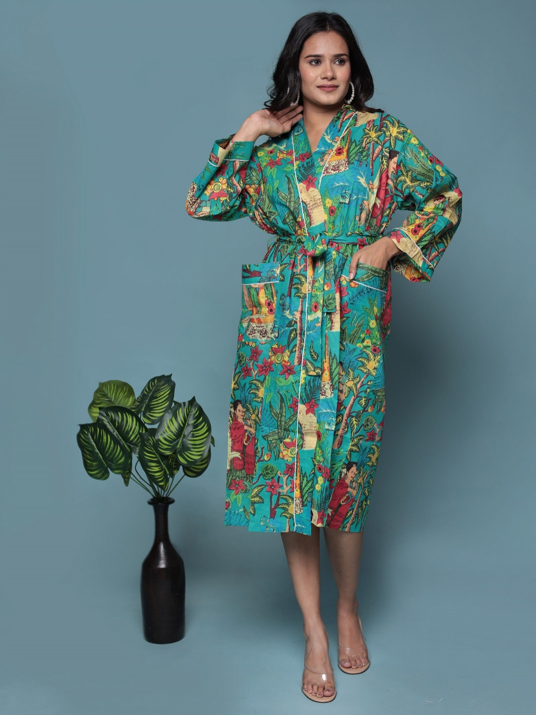 Bohekant Kimono Sea Green Floral Cotton Drawstring Midi Bath Robe