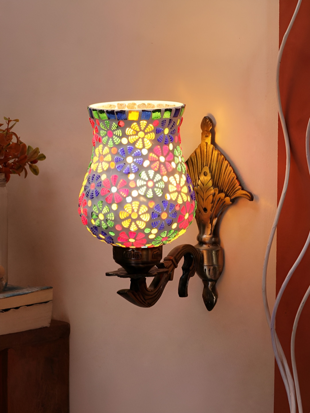 Devansh White & Green Floral Textured Metal Glass Contemporary Bell Shaped Wall Lamp