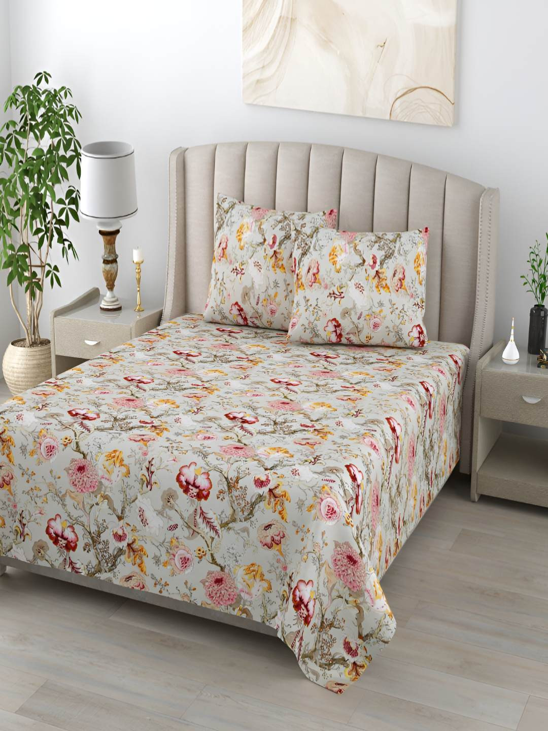 Jinaya's Pure Magic Grey Floral Cotton 210 TC King Fine Bedsheet with 2 Pillow Covers-100 x 108 inches