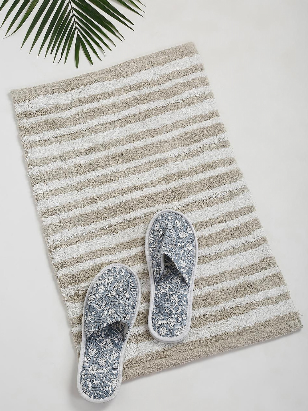 Fabindia Taupe Colored & White Striped Cotton 1800 GSM Bath Rugs