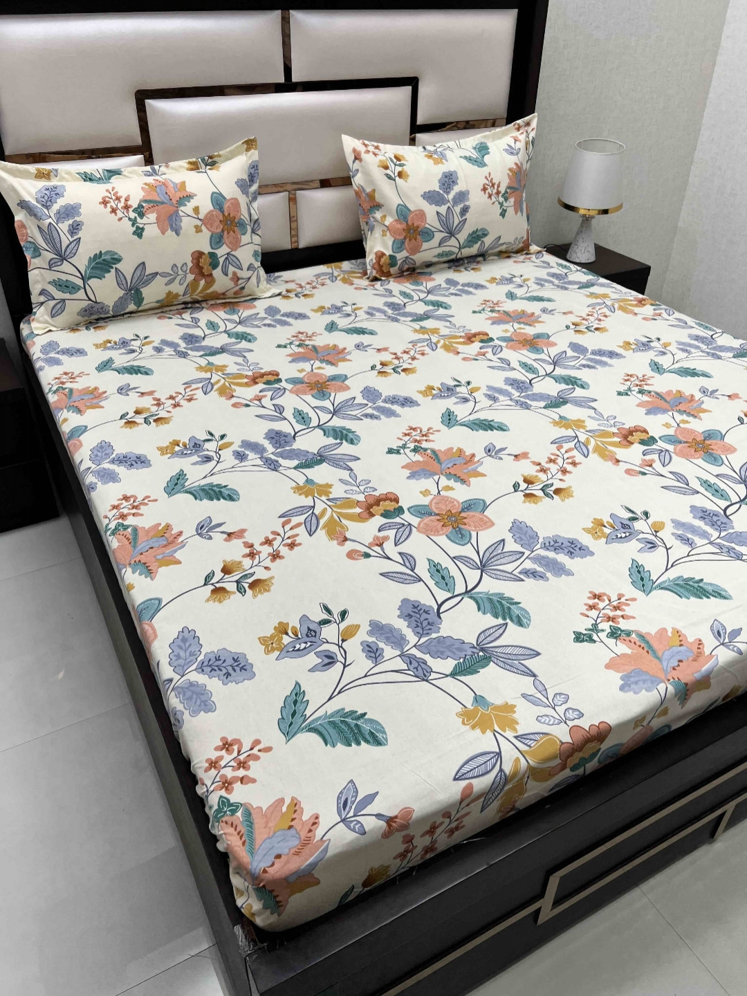 Pure Decor Amulya Beige Floral Microfiber 350 TC Queen Fine Bedsheet with 2 Pillow Covers-90 x 100 inches