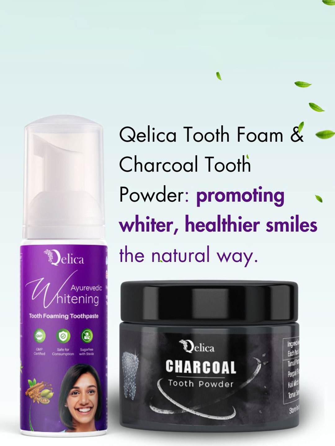 Qelica Whitening Foaming Toothpaste 60 ml & Charcoal Powder 50 g