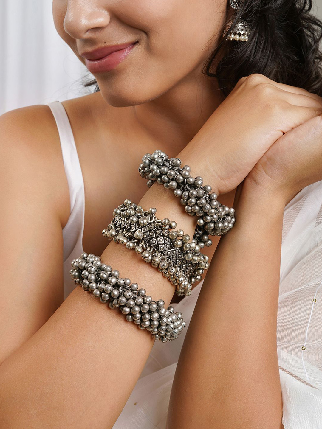 TEEJH Tithi Set Of 3 Oxidised Stacked Bangle Style Bracelets