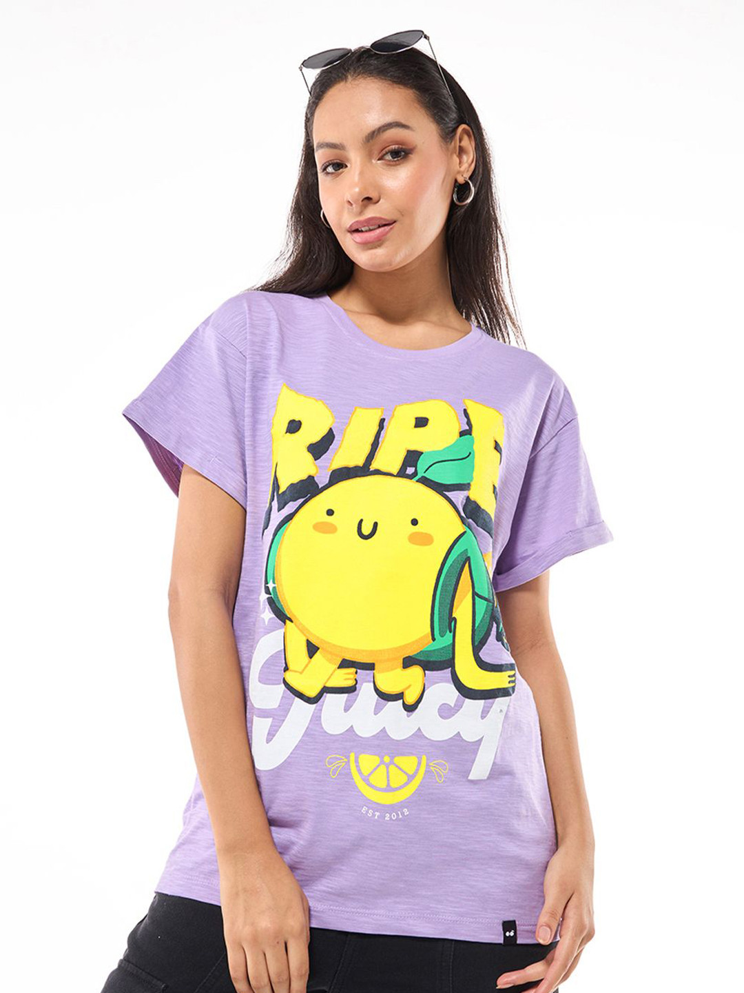 Bewakoof Air 1.0 Women Purple Ripe and Juicy Graphic Printed Boyfriend T-shirt
