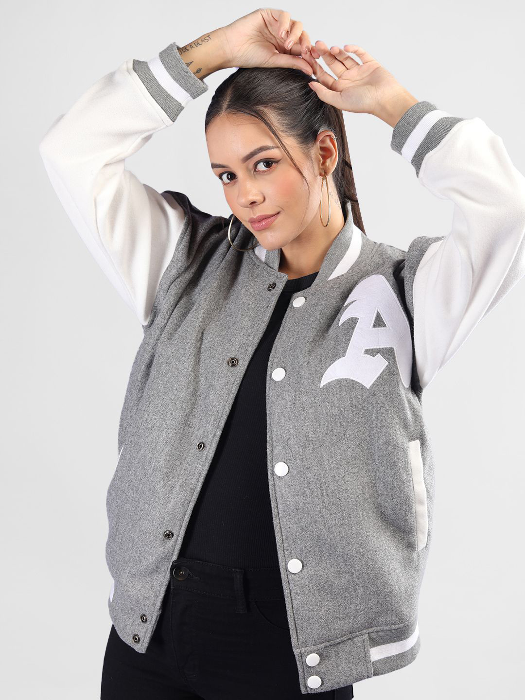CHKOKKO Women Self Design Woollen Running Oversized Winter Wear  Varsity Jacket