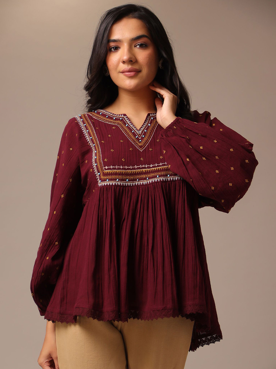 ZARI Embroidered Women Cotton Maroon Full Sleeves Tunic