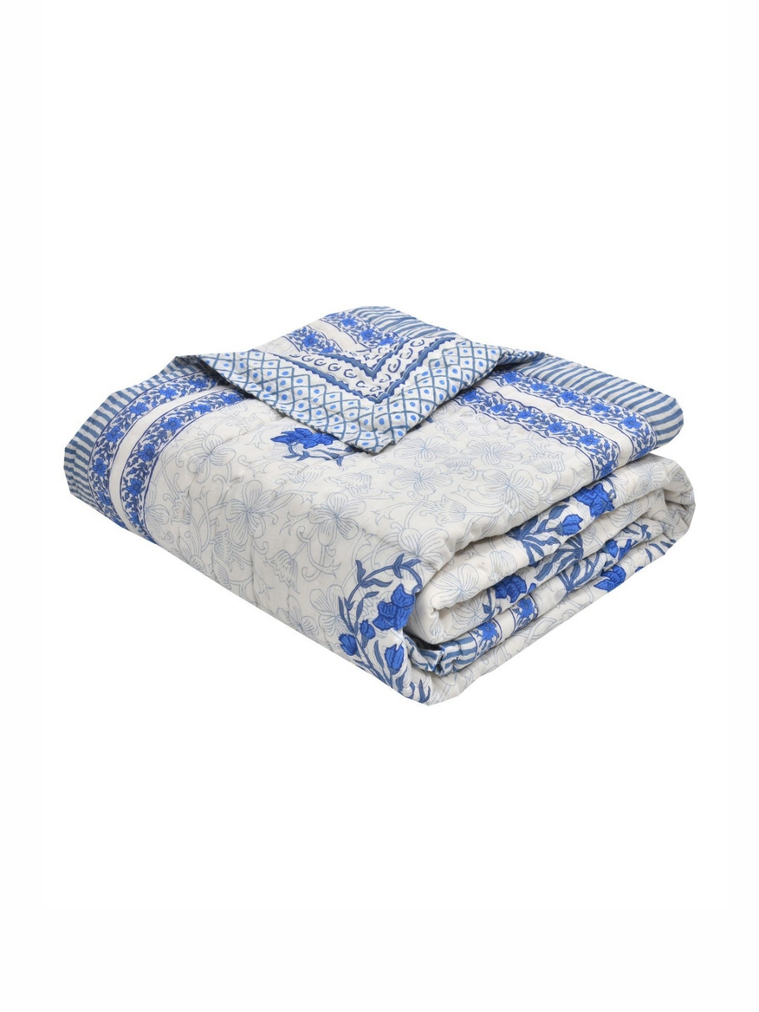 BLOCKS OF INDIA White Floral 350 GSM Pure Cotton Mild Winter Single Bed Quilt