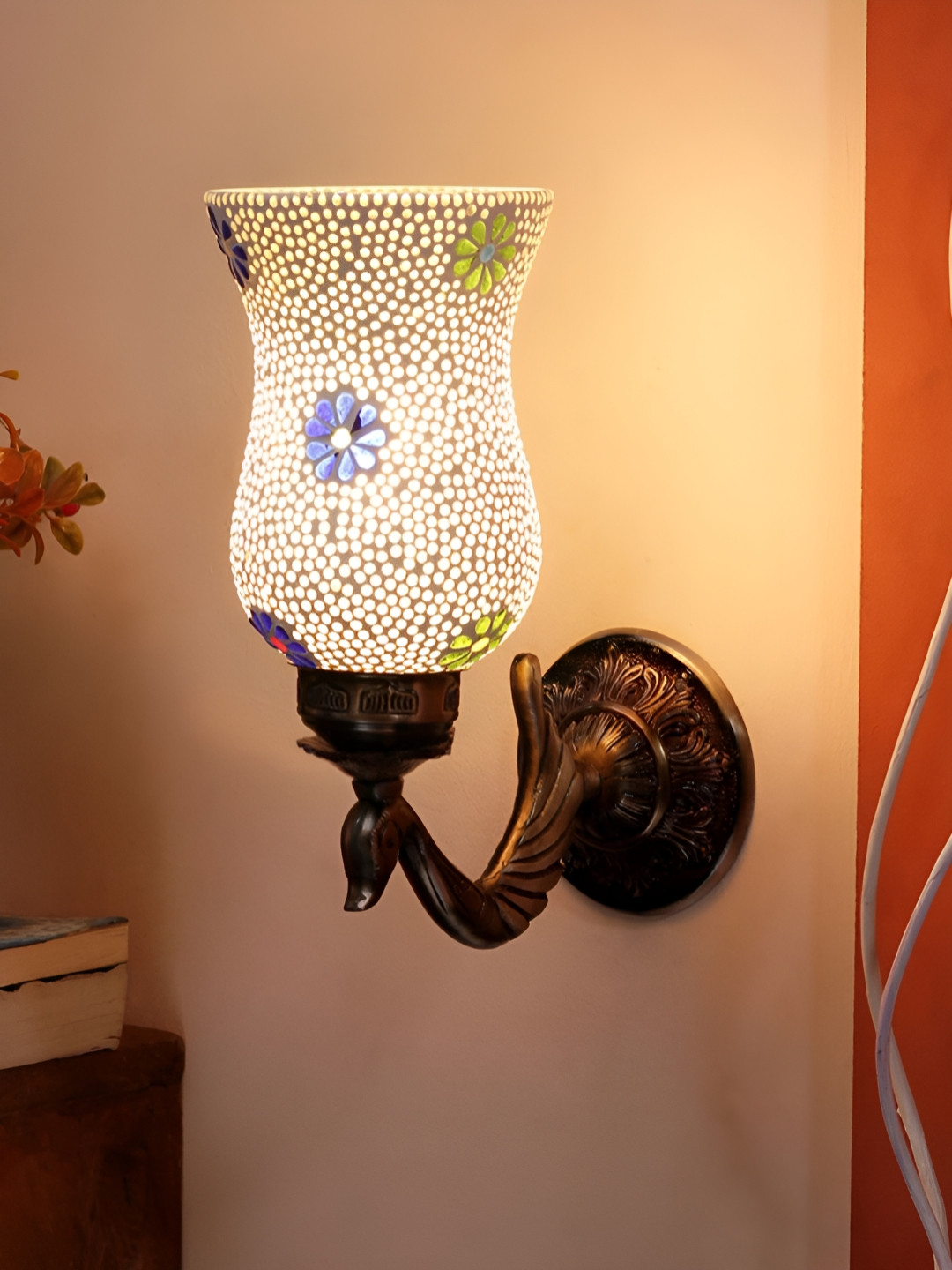 Devansh White & Blue Textured Metal Glass Contemporary Bell Shaped Wall Lamp